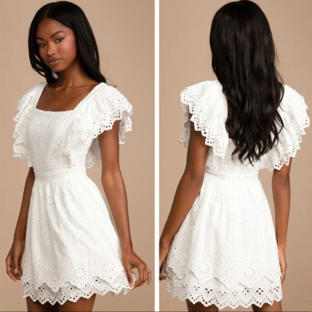 Lulu's Absolutely Beautiful White Eyelet Lace Ruffled Skater Mini Dress